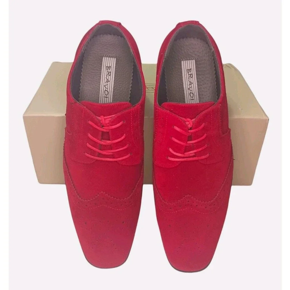 NEW BRAVO KING-3 Men's Size 10 Dress Shoes Red Faux Suede Classic Oxford Wingtip